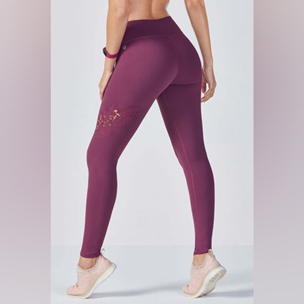 Fabletics Berry Purple Leggings with Floral Lace Detail